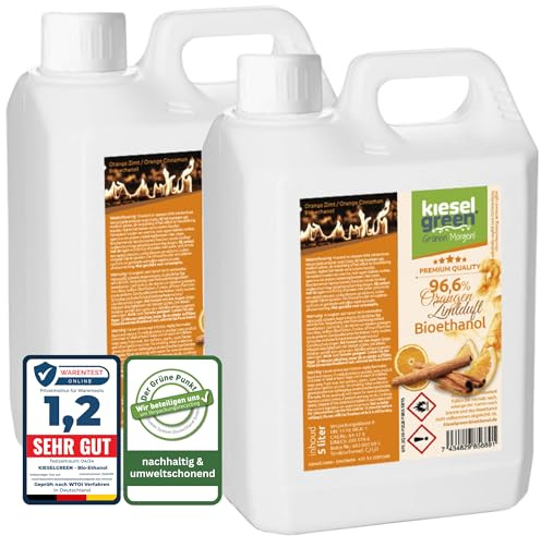 KieselGreen Bioethanol 10 Liter mit Duft für Ethanol-Kamin, viele Sorten - Bio Ethanol als Raumduft in vielen Duftnoten - Parfüm für Bio Ethanol Kamin Indoor oder (Orange-Zimtduft, 10L)