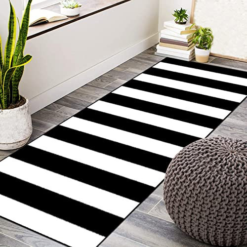 Wassly Teppich Läufer Flur rutschfest Küchenläufer Schwarz Weiß Streifen Modern Teppichläufer Korridor Küchenteppich Waschbar Wohnzimmer Schlafzimmer Kinderzimmer Breite 60cm/ 70cm/ 80cm/ 90cm/ 100cm