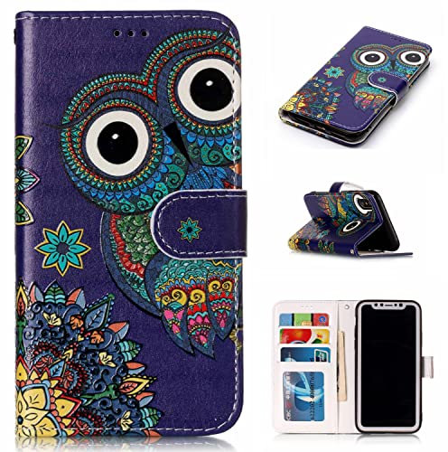 nancencen Gemalte Serie Handyhülle für iPhone 12/12 Pro 6.1 Hülle mit Ständer, Premium PU Leder Brieftasche Schutzhülle [Anti-Kratzer] Flip Case Cover Stoßfeste Klapphülle, Eule