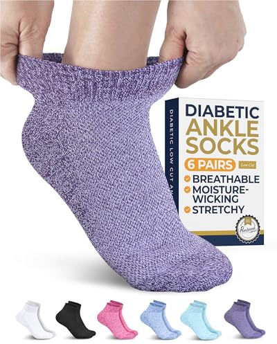 Pembrook Diabetiker ankelstrumpor för män och kvinnor – 6 par sömlösa diabetiker strumpor kvinnor | Diabetiska strumpor för män, ljusa färger 1-6-pack, medium