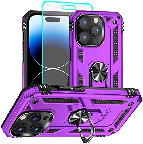 Aozuoton for iphone 14 Pro Case, iphone 14 Pro Phone Case with HD Screen Protector, [Military Grade 16ft. Drop Tested] Ring Shockproof Protective Phone Case for iphone 14 Pro,Purple