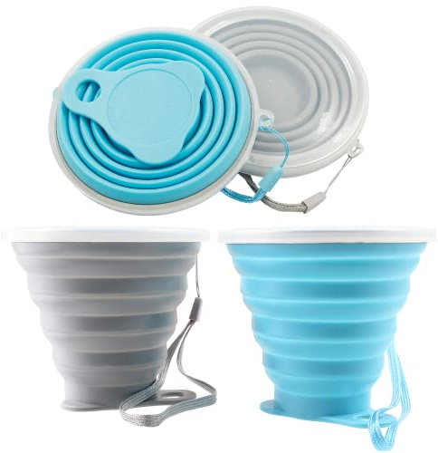 Litoexpe 2 Stück Silikon Faltbare Reisebecher Tragbar Faltbar Camping Becher Sets mit Deckel Grau & Blau