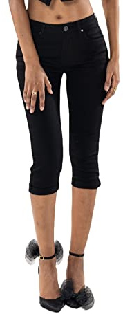Nina Carter P132 Jean Capri Skinny Fit pour Femme Pantacourt Taille Haute Effet Usé et Lavage, Noir (P132-8), L