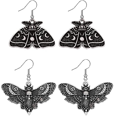 Weenkeey 2 Paar Gothic Motten Ohrringes Retro Luna Motte Ohrringe Punk Totenkopf Ohrringefür Frauen Herren - Silber