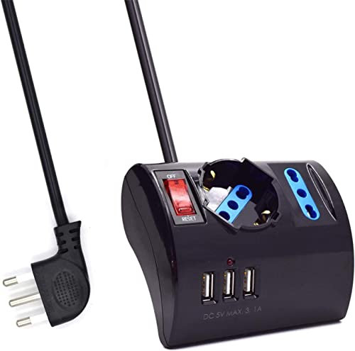 Multipresa da Scrivania/Tavolo con 3 Posizioni con 3 Porte USB e Interruttore On/Of,Presa con Interruttore Automatico di Protezione 16A,3500W,3 Prese (2 ITA,1 Schuko),3 Prese USB,1.5M – NERO