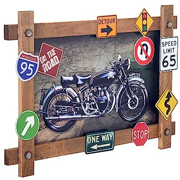 THERMOBRASS Tableau Moto USA avec Panneaux indicateurs Vintages, Bois et Métal, Longueur 60 cm