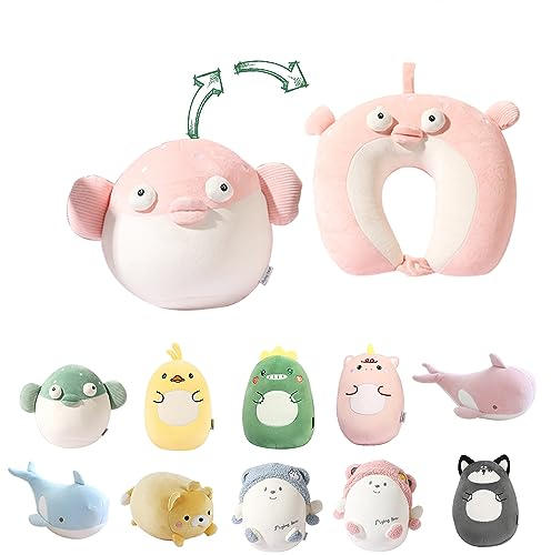 JOYRAVO Oreiller de Voyage 2 en 1 pour Enfants - Animal en Peluche Qui se transforme en Oreiller Cervical en Forme de U pour Le Confort et Le Jeu Lors des Voyages en Avion ou en Train - Poisson