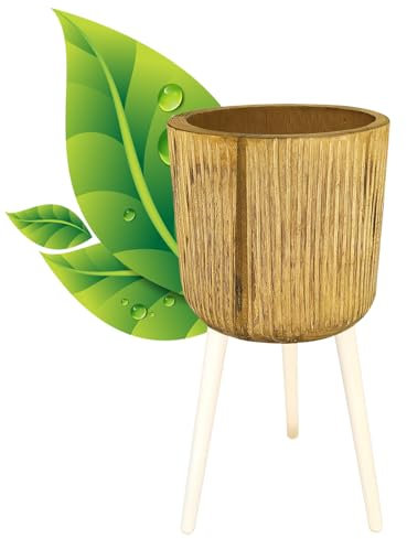 Hortico Natural Wooden House Planter with Legs | RIBBED Tall Indoor Plant Pot Stand with Waterproof Liner D27 H60 cm, 2.5L