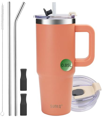 SUNTQ 850ml/30oz Tumbler mit Griff, Doppelwandige Vakuum Isolierte Wasserflasche mit Stroh und Deckel, Edelstahl Reise Kaffeebecher, Thermische Tasse für Getränke, Fit in Becherhalter(Pfirsichrosa)
