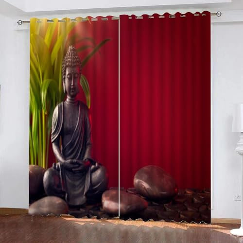 3D Imprimé Statue De Bouddha Noir Rideaux Cailloux du Soleil Thermiques Isolants Rideaux Occultant Rideaux Occultants À Oeillets 140x180cm Lot de 2 pour Salon Chambre Décoration Fenetre
