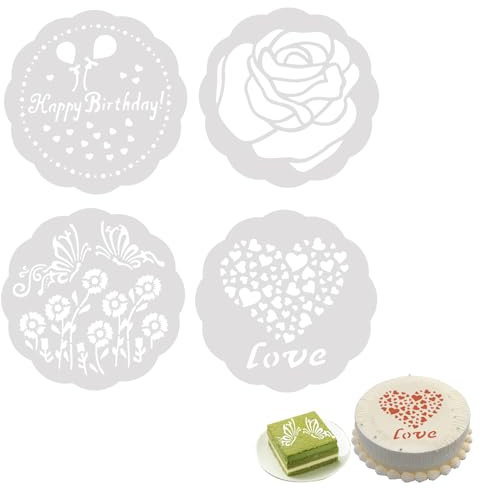 4 Stück Tortenschablonen mit eleganten Blumenmotiven, Kuchen-Schablone alles Gute zum Geburtstag Cup-Kuchen-Schablonen, die Blumen-Schablonen-Kaffeeschablonen (15cm)