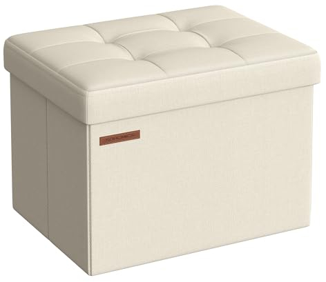 SONGMICS Storage Ottoman, Foldable Small Ottoman Foot Rest, 31 x 41 cm Foot Stool, Ottoman with Storage, Load up to 130 kg, for Living Room, Bedroom, Dorm, Cream White LSF102W51