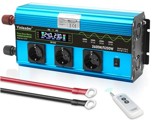Yinleader Wechselrichter 2600W /5200W Spannungswandler Reiner Sinus 24V 230V mit 3 Europäische Steckdose und 4 USB-Anschlüsse LCD Spannungsanzeige