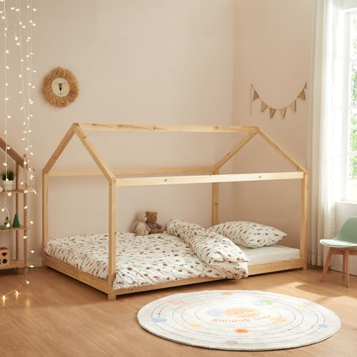 [en.casa] Lit Cabane pour Enfant avec Sommier à Lattes Lit Double en Forme de Maison sans Matelas Capacité de Charge 140 kg Bois de Pin Contreplaqué 140 x 200 cm Naturel
