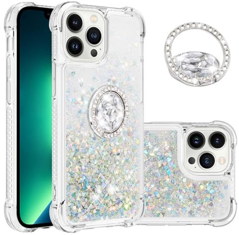 IMEIKONST iPhone 14 Pro Max Glitter Case with Diamonds Ring Kickstand, Liquid Sparkle Sequin Transparent for Girls Women Silicone TPU Bumper Shockproof Cover for iPhone 14 Pro Max. Love Silver YBZ