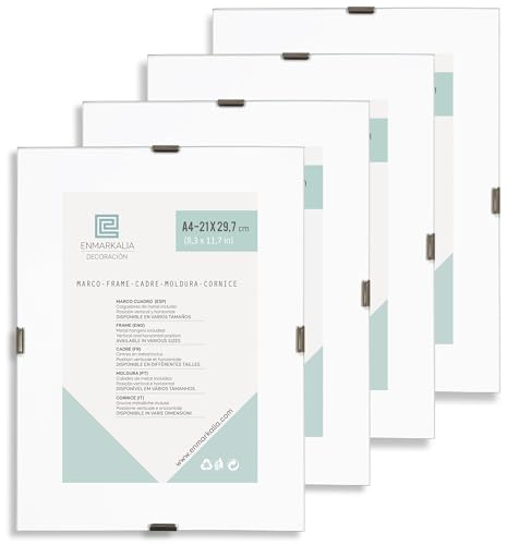 PACK X4 - A4 21 x 29,7 cm Marco Clip de cristal - portafoto sin marco - soporte para fotos, diplomas y certificados, cristal con cantos pulidos, incluye peana para ponerlo de pie y colgadores de pared