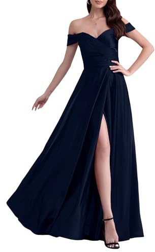 ECDAHICC Abito da damigella d'onore senza spalline per donna, in raso, con lungo spacco, elegante abito formale da sera, linea ad A, per matrimoni e feste, blu navy, M