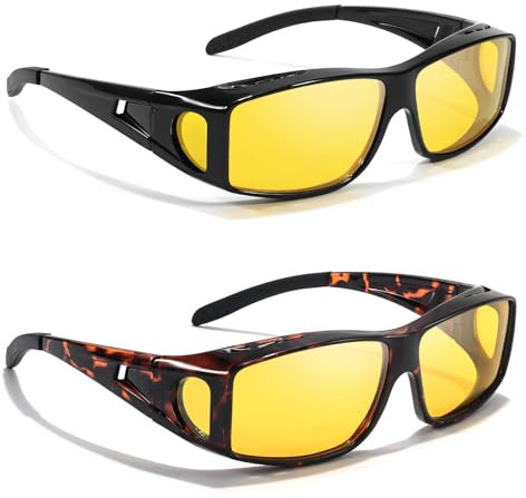 LVIOE 2 Stück Nachtsichtbrille Polarisierte Fit-Over-Brille für Männer und Frauen, TAC gelbe Linse mit blendfreiem Scheinwerfer, Nachtfahrbrille