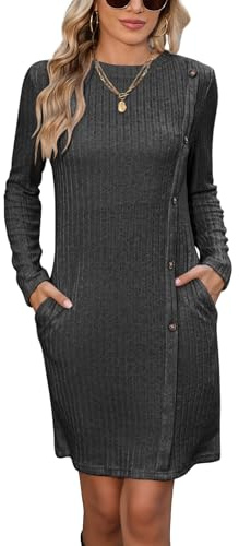 Famulily Jumper Dress for 2025 Women UK Tunic Dress Ladies Long Sleeve Dress with Pockets Side Buttons Dress for Leggings Dark Grey L