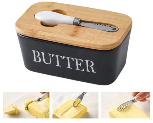 Ceramic Butter Dish with Wooden Lid,Large Butter Container Keeper Storage with Stainless Steel Butter Knife Spreader,Bamboo Cover and Silicone Sealing Ring for Perfect for Butter,Cheese (Black,610ML)