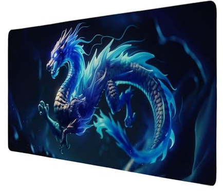 Drache Schreibtischunterlage 69x31cm XXL Mauspad - Fantasievolle Bürodekoration mit 3D-Rendering nebelhaftem Hintergrund in lebendigen Blautönen