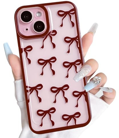 NITITOP Compatible with iPhone 15 Case Cute Clear Burgundy Big Bow Design Ribbon Bowknot Pattern for Girls Women Soft TPU Transparent Full Camera Lens Shockproof Protective Cover - Wine Red