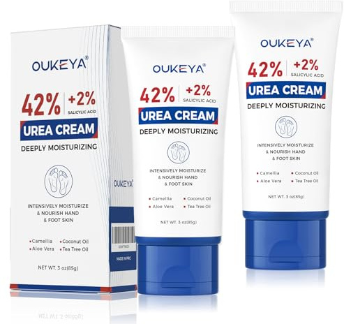 OUKEYA Urea Cream 42% plus Salicylic Acid 2%, Urea Foot Hand Cream for Dry Cracked Feet, Heels, Elbows, Salicylic Acid Moisturiser, Removes Calluses, Softens Toenails, 2 x 85g