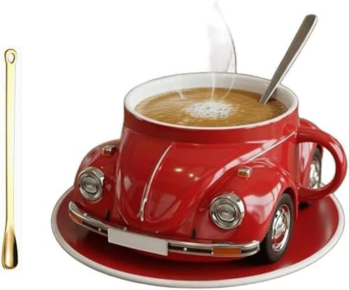 AADDFDD Käferförmige Kaffeetasse, Niedliche Auto Kaffeetasse, Handmade Ceramic Beetle Shaped Coffee Mugs, Home Office Dekor, keramische Käferauto -Form -Getränke -Becher für Autofans Red