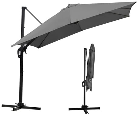 Tubiaz Parasol de jardin déporté rectangulaire - 300 x 300 cm - Avec manivelle - Pivotant à 360 ° et inclinable - Protection solaire UV50+ - Pour jardin, terrasse, gris, Mit LED