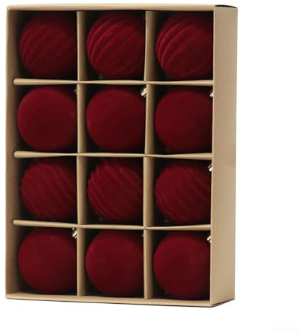 Samt-beflockte Weihnachtskugel-Set für Baum, DIY-Dekoration, hängende Ornamente in Wein, Kunststoff-Tuch-Weihnachtskugeln für festliches Saisondisplay und Tischdekoration (8 cm, Weinrot)
