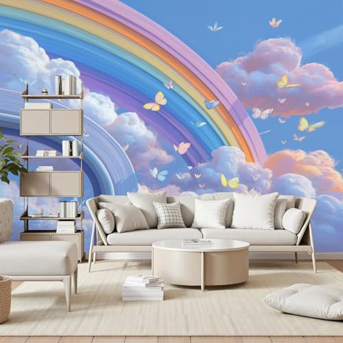 Karikatur Regenbogen Wolken 3D Fototapete, Bunt Schmetterling Insekten Tapeten Vliestapete, Wandtapete Schlafzimmer Kinderzimmer Wohnzimmer Tapete Abwaschbar Wasserfest 150 x 105 cm (B x H)