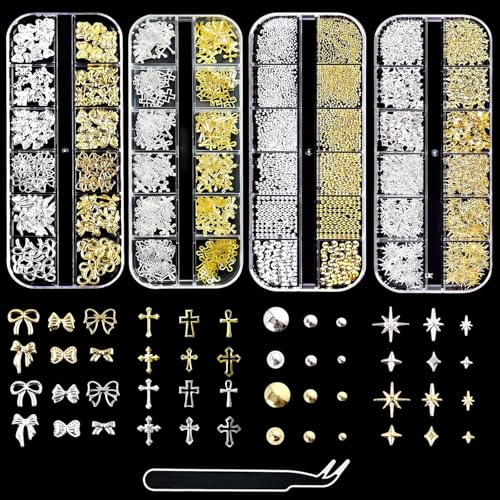3D Nail Charms, 4 Boxes Nail Gems Gold Silver Rhinestones for Nails with Tweezers, Charms Y2K for Nails, Assorted Styles Bows Stars Pearls Cross Nail Charms for Women Girls Nails Art DIY Accessories