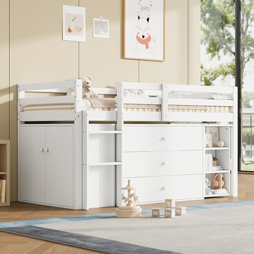 SURUEO Kids Cabin Bed with Pull-out Desk & Ample Storage, 3ft Single Modern Wood Mid Sleeper, 3 Drawers, Cabinet & Shelves, Flexible Two-way Setup, 90 x 190 cm, White, No Mattress