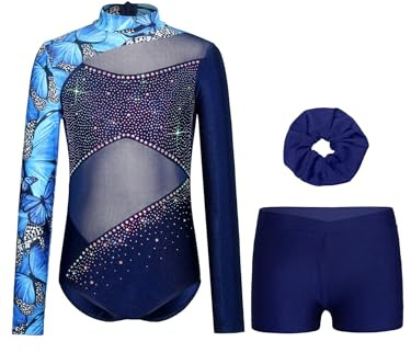 Miutii Mädchen Turnanzug Glitzer Gymnastikanzug Langarm Ballettanzug mit kurze Hose Haarband Gymnastik Leotard Eislaufen Tanzkostüm B Marine Blau 158-164