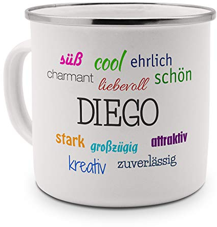 printplanet Emaille-Tasse mit Namen Diego - Metallbecher mit Design Positive Eigenschaften - Nostalgie-Becher, Camping-Tasse, Blechtasse, Farbe Silber