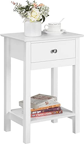 Yaheetech White Bedside Table Wooden Side Table Chic Nightstand Cabinet Storage Unit with Drawers & Shelf for Bedroom Living Room