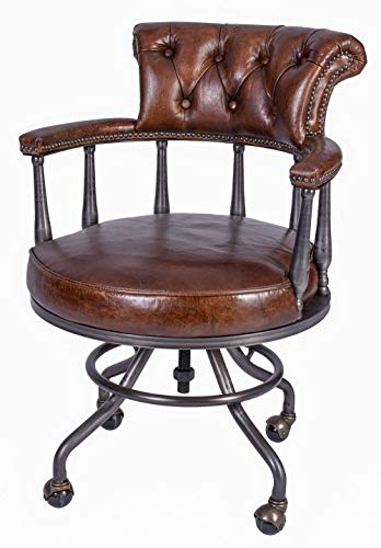 Englischer Chesterfield Bürostuhl „Hemingway“ aus Echtleder (Vintage Cigar) – Drehstuhl mit robustem Metallgestell auf Rollen – Retro Industrie-Design, Exklusiver Klassiker für Homeoffice & Büro
