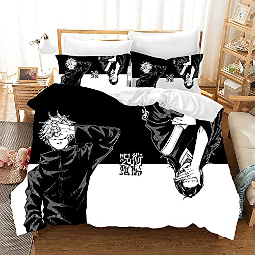 PTNQAZ Anime Jujutsu Kaisen Bettwäsche-Set für Jungen, 3D-gedruckte Bettbezüge mit Kissenbezügen, Kinder-Bettwäsche (Einzelbett)