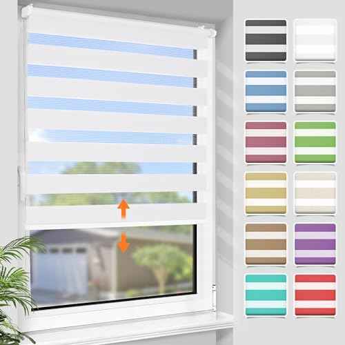 SBARTAR Doppelrollo schnurlos Klemmfix Rollos für Fenster ohne Bohren & zum Bohren, Weiß B55 x H150 cm, Drücken Und Ziehen Springrollos, Lichtdurchlässig Aber Blickdicht Mittelzugrollo