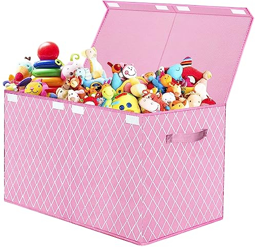 VERONLY Aufbewahrungsbox Spielzeugkiste mit deckel Kinder, Spielzeug Aufbewahrung mit Griffen, Faltbox Korb für Kinderzimmer, Kleidung, Schlafzimmer (Rosa Karo)