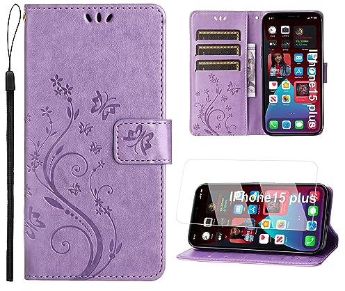 Anshow Lederhülle mit iPhone 15 Plus Hülle und Schutzfolie, Handyhülle für iPhone 15 Plus, Flip Wallet Hülle Leder Tasche Schutzhülle, Helles Lila