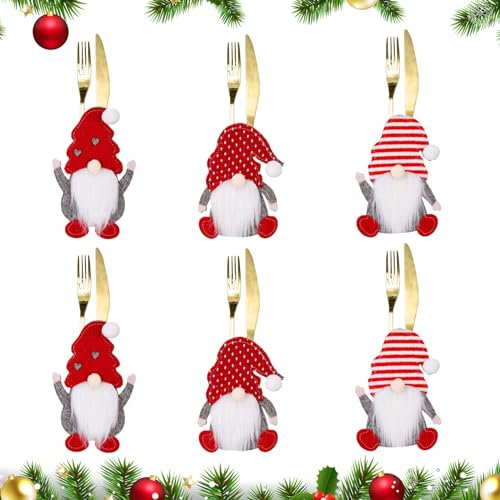 Yaclonq 6 Stück Besteckhalter Weihnachten Filz,Weihnachts Wichtel Bestecktasche,Tischdeko Bestecktaschen für Party Tisch Weihnachtsdeko Weihnachtliche Messer Gabel Löffel Tischdeko