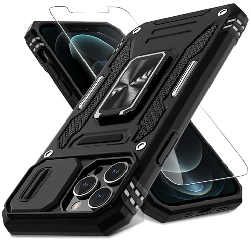 DEERLAMN Case for iPhone 12 Pro Max with Slide Camera Cover+Screen Protector(1 Pack),Rotated Ring Kickstand Military Grade Shockproof Protective Cover 6.7 Inch-Black