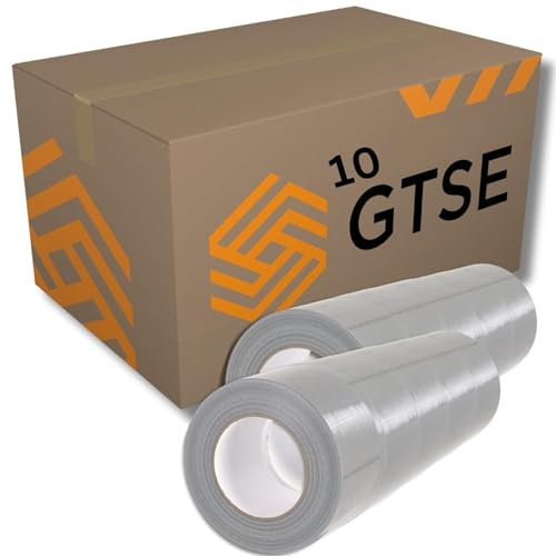 GTSE 10 Rolls 75mm x 50m, Wide Silver Duct Tape 3” Waterproof Strong Adhesive Gaffer Tape for Patching, Sealing, Securing Cables and Labelling, Heavy Duty Tape