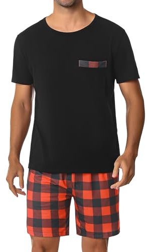 Leversic Pyjama Coton Homme Pyjama Homme Été Ensembles de Pyjama Homme Pyjama Short Homme Pyjama Court à Manches Vêtements de Détente Deux Pièces Confortable Doux Carreaux-Rouge M