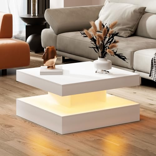 KEEPREAPER Couchtisch Wohnzimmertisch Hautbild mit LED quadratisch | Sofatisch, Haptik, modern für Wohnzimmer, 78 x 78 x40cm Weiß
