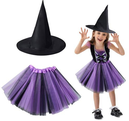 EUPSIIU 2 Pezzi Costume da Strega, Halloween Strega Costume, Carnevale Strega Costume, Mago Cosplay Costume, Witch Wizard Costume, Strega Costume con Cappello Gonna Tutu, per Bambine (Nero-Viola)