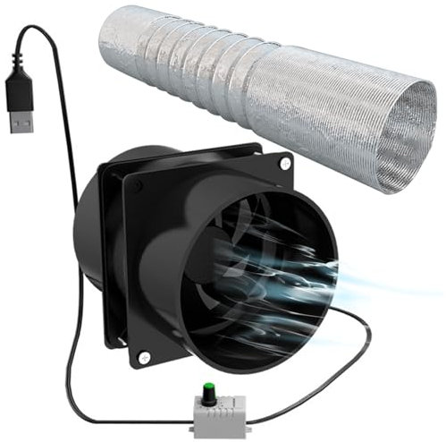 Blogiiup Portable Extractor Fan with 1m Duct Hose, USB Adjustable DIY Ventilation Fan, Powerful 5V 2A Brushless Motor Exhaust Fan for Kitchen Bathroom Smoke