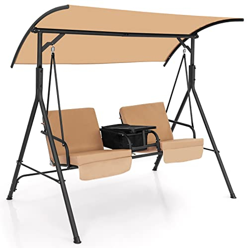 KOMFOTTEU Columpio de Jardín para 2 Personas, Balancín Terreza Exterior con Toldo Ajustable, Banco Mecedora con Bandeja y Bolsa de Refrigeración, para Balcón, Patio (Marrón)