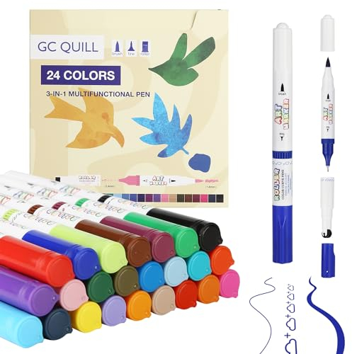 GC QUILL 24 Farben 3-IN-1 Curve Textmarker-Faserstifte, Fineliner, Rollstempel-24 verschiedene Roller Stempel Formen-1-4mm weiche Pinselspitze, 0,4mm harte feine Spitzen-für Tagebuch,Scrapbook,Journal